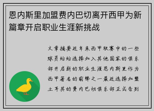 恩内斯里加盟费内巴切离开西甲为新篇章开启职业生涯新挑战